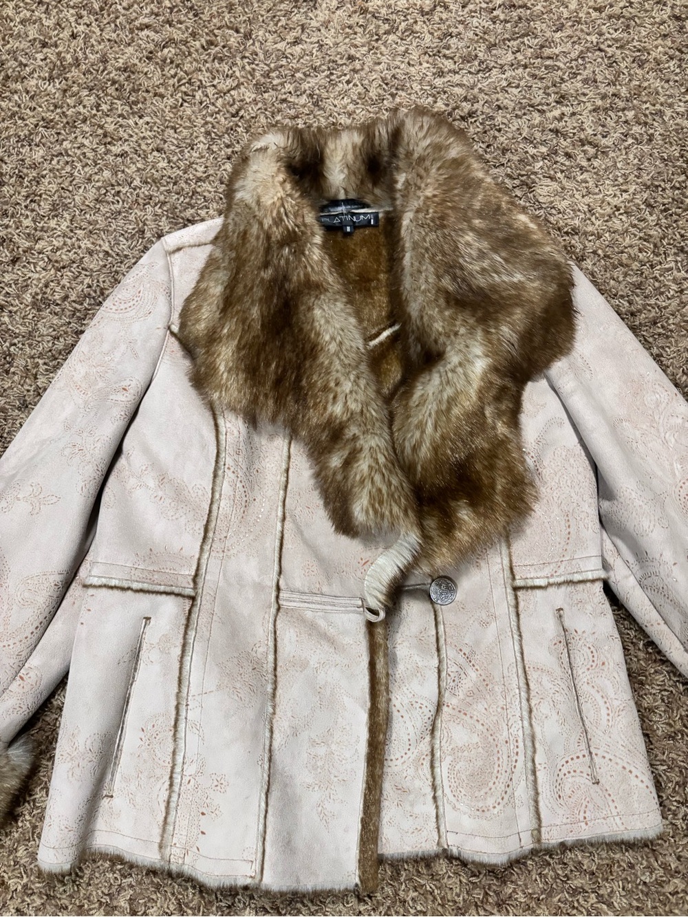 St. John's Bay Cream Jacket with Brown Faux-Fur Trim - Picture 2 of 5